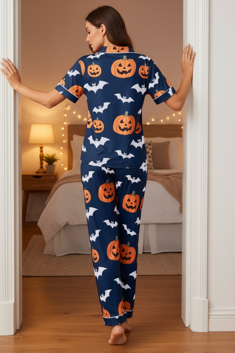 Spooky Pumpkin Bat Button-Down Short Sleeve Halloween Pajama Pants Loungewear Set