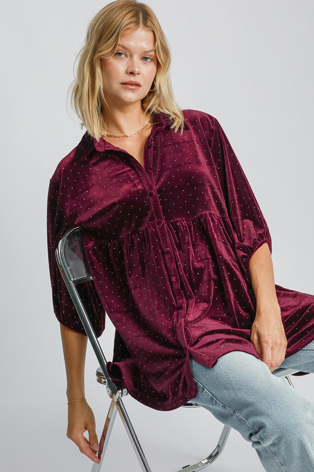 Umgee Velour Polka-dot Boho Oversized Top Peplum Babydoll Shirt Velour Blouse