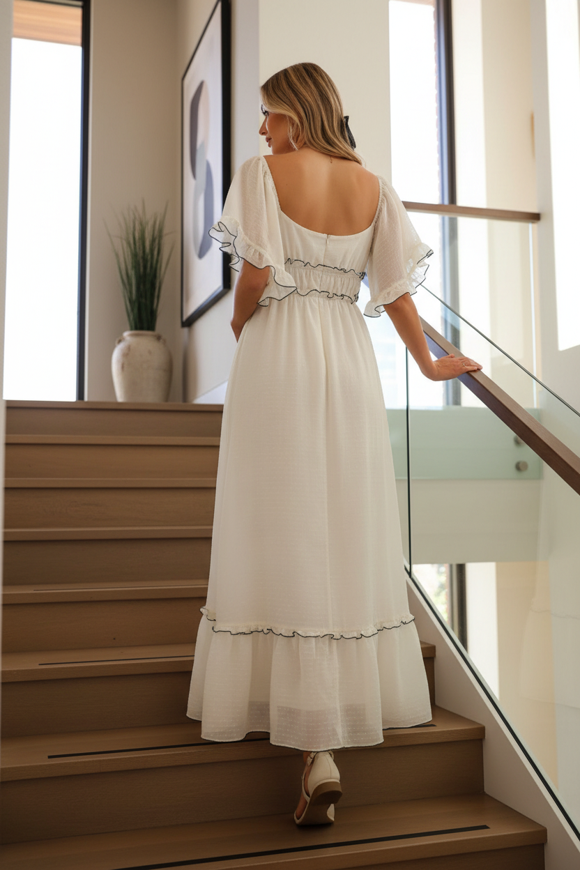 Flutter Short Sleeve Ruffled Empire Waist Square Neck Contrast Trim Tiered Maxi Dress