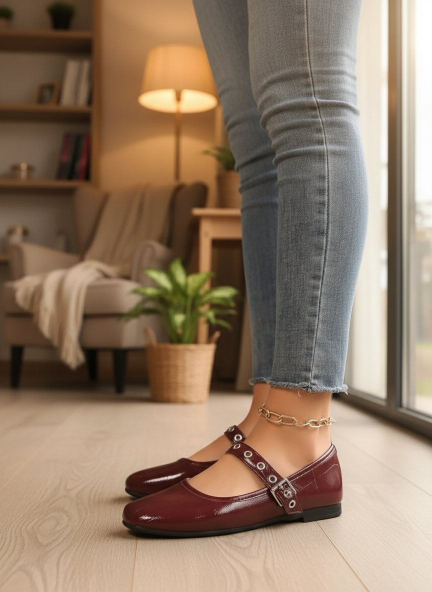 Mary Jane Loafers Glossy Vegan Patent Leather Round Toe Ballet Flats Buckle Shoes