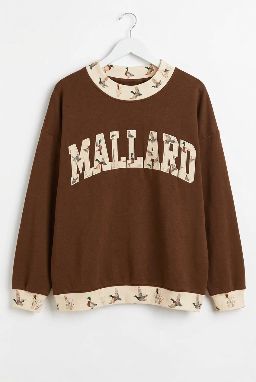 Mallard Duck Oversized Sweatshirt Mock Neck Southern Western Hunting Pullover Cotton Blend Top