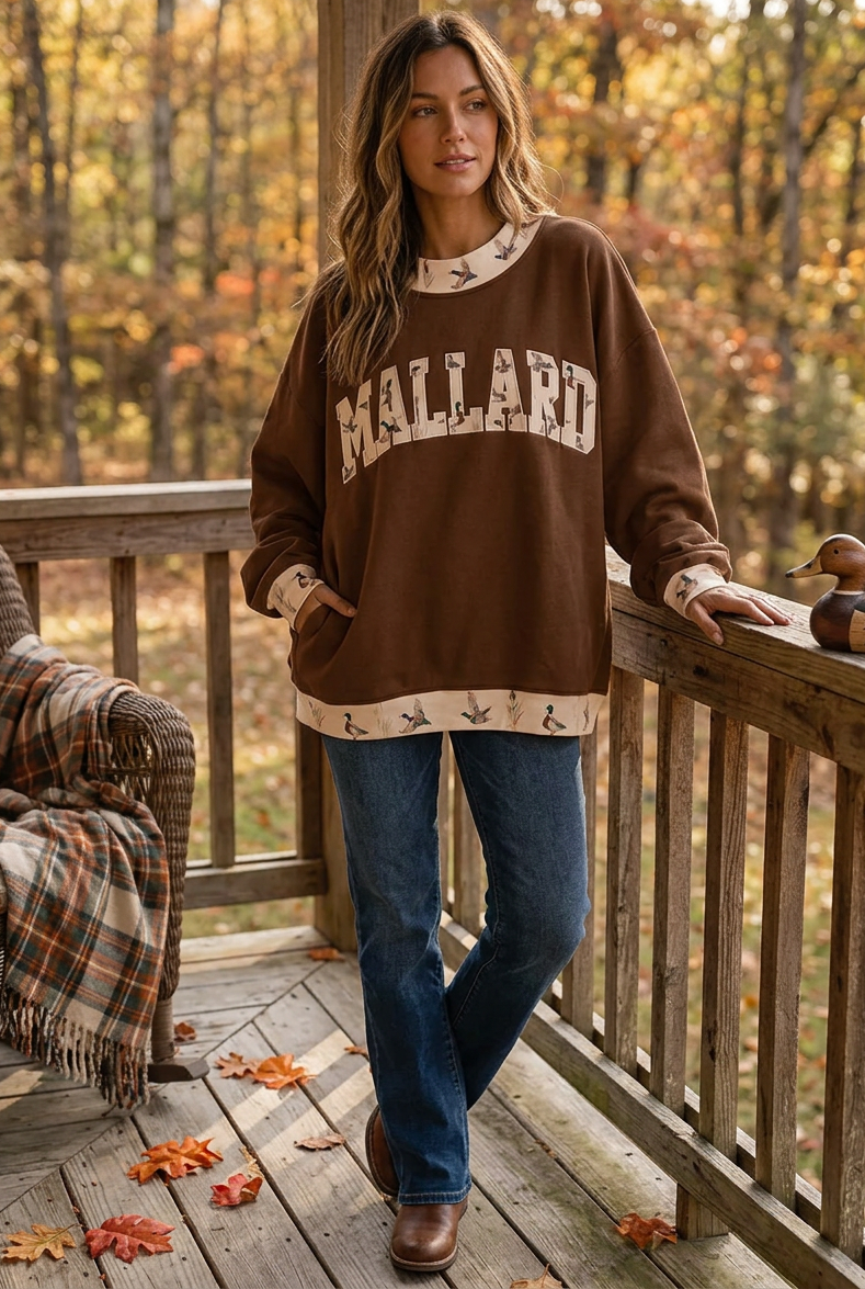 Mallard Duck Oversized Sweatshirt Mock Neck Southern Western Hunting Pullover Cotton Blend Top