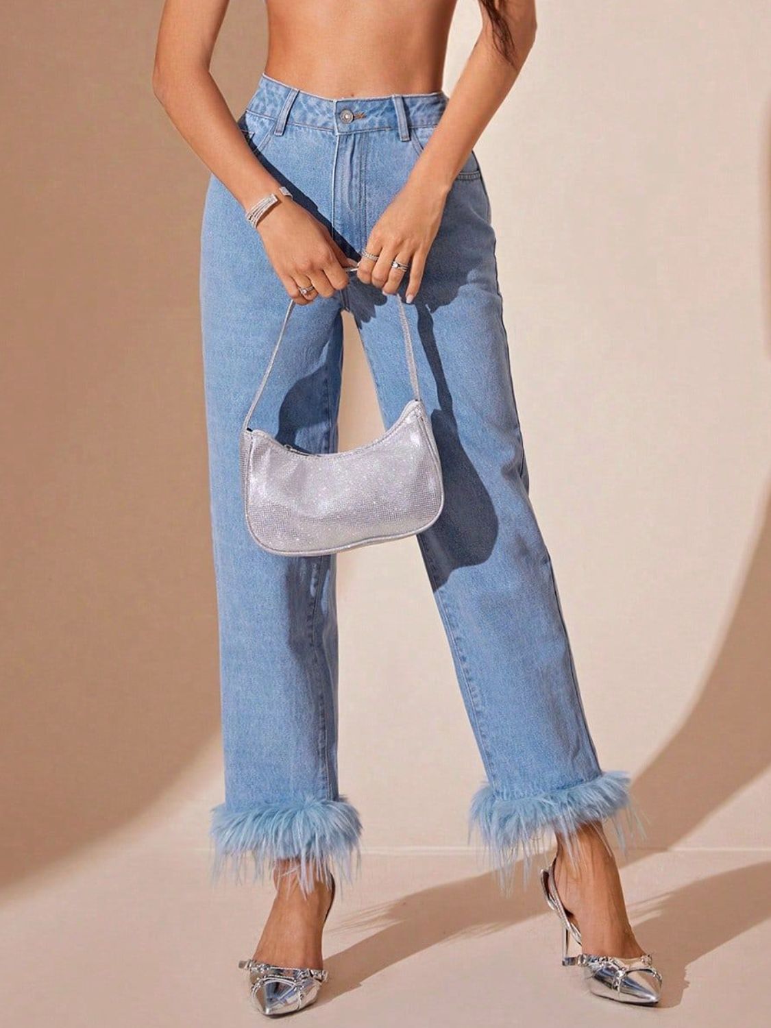 Faux Fur Plush Ankle High-Rise Waist Relaxed Fit Jeans Straight Leg Denim Pants