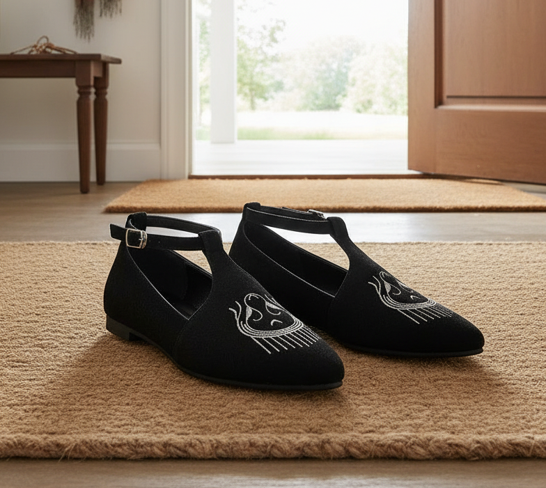 Pointed Toe Embroidered Slip-On Loafer or Ankle Strap Mary Jane Ballet Flats Vegan Suede Shoes
