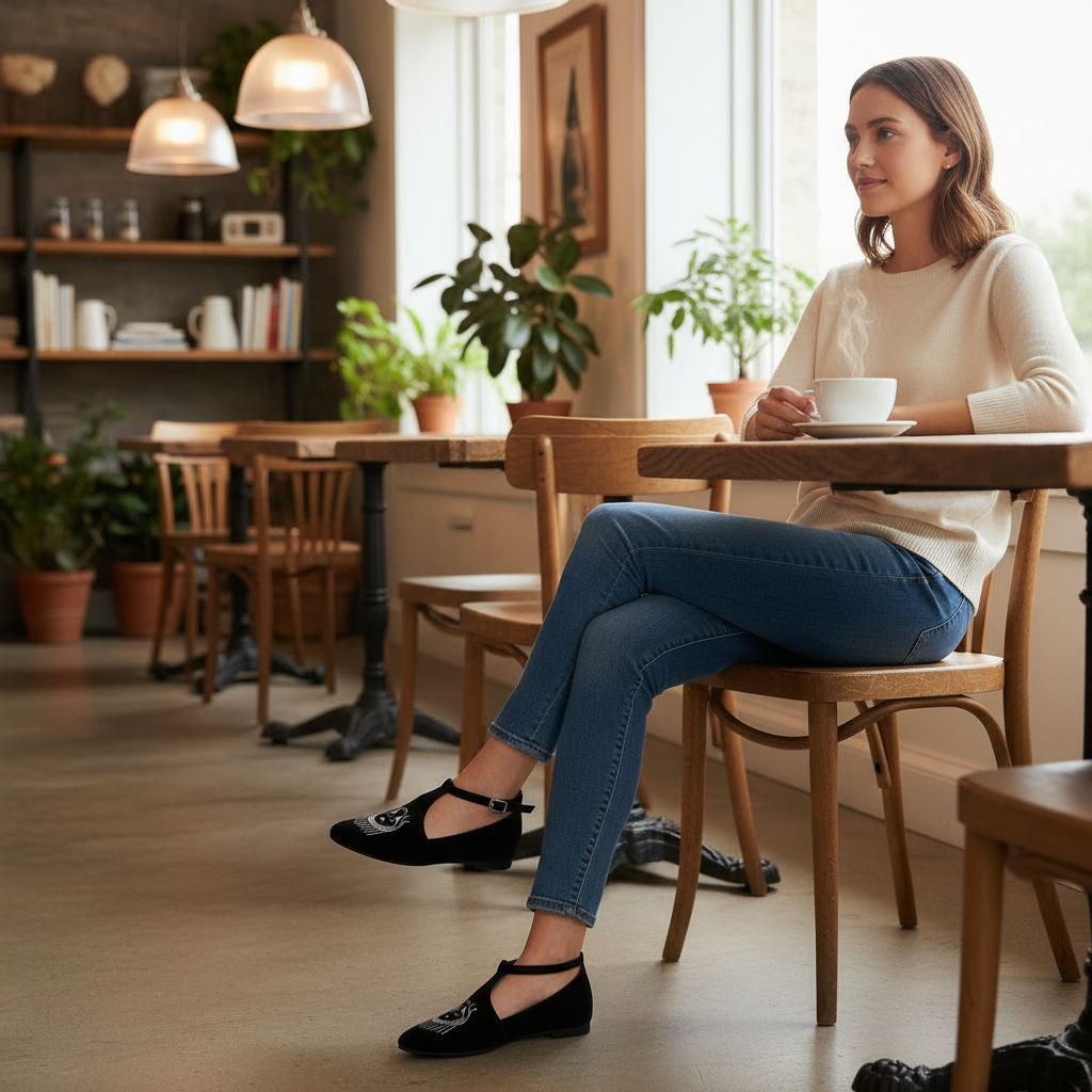 Pointed Toe Embroidered Slip-On Loafer or Ankle Strap Mary Jane Ballet Flats Vegan Suede Shoes