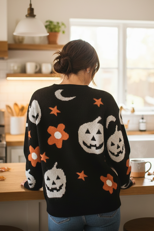 Retro Pumpkin Daisy Celestial Moon Crew Neck Long Sleeve Halloween Knit Sweater