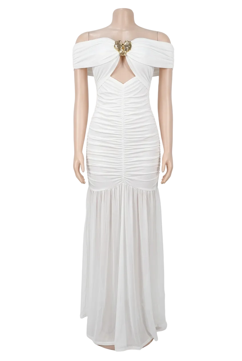 Off Shoulder Ruched Mermaid Chest Cutout Sheer Mesh High Slit Formal Bodycon Maxi Dress
