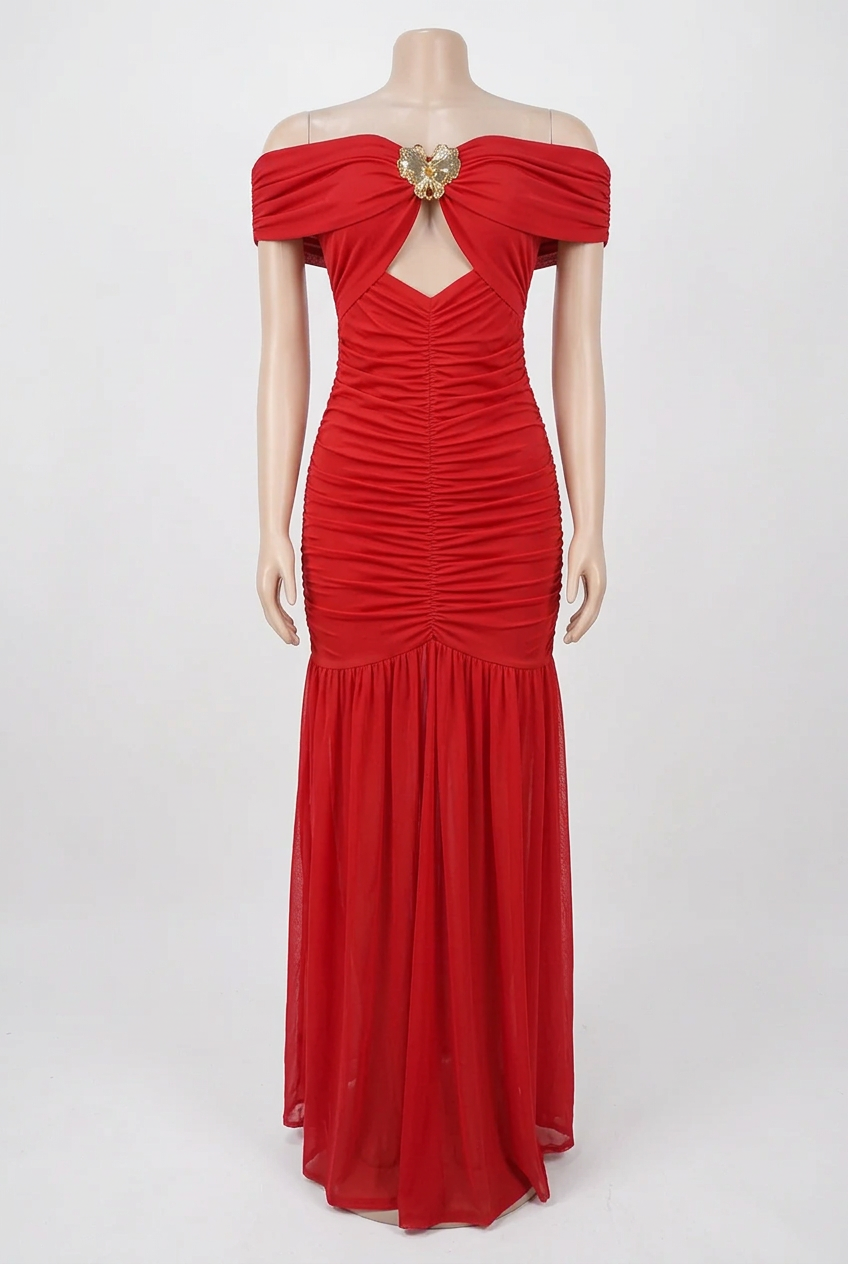 Off Shoulder Ruched Mermaid Chest Cutout Sheer Mesh High Slit Formal Bodycon Maxi Dress