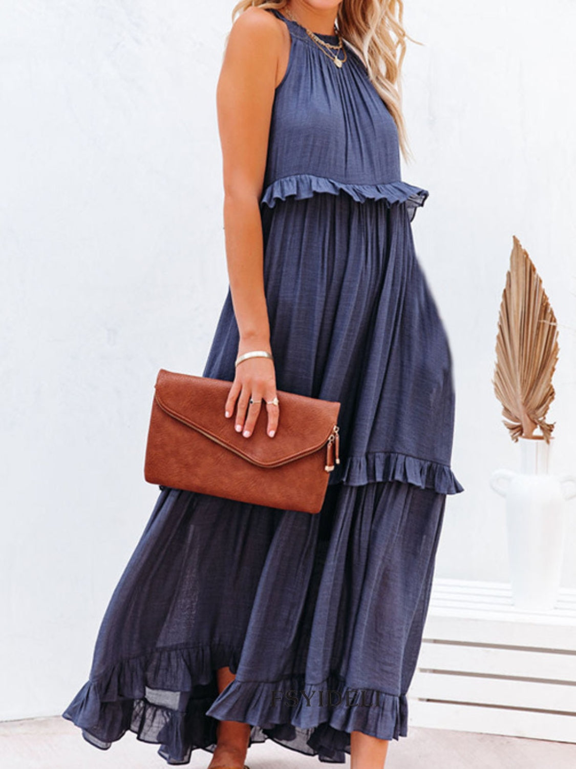 Ruffle Sleeveless Grecian Tie Back Tiered Summer Side Pocket Oversized High-Low Maxi Dress