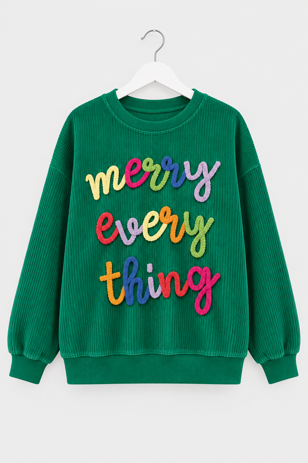 Merry Little Thing Crochet Letter Ribbed Crewneck Sweatshirt Colorful Holiday Pullover