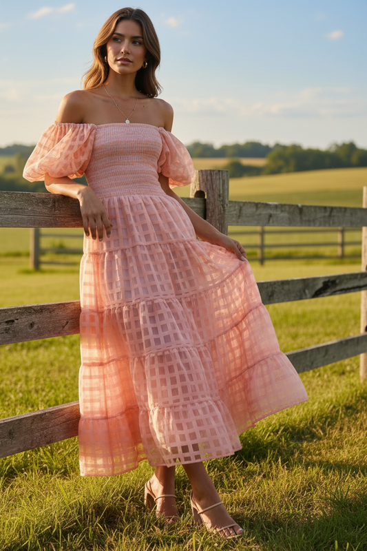 Off Shoulder Short Puff Sleeve Elastic Smocked Bodice Tiered A-line Midi Dress