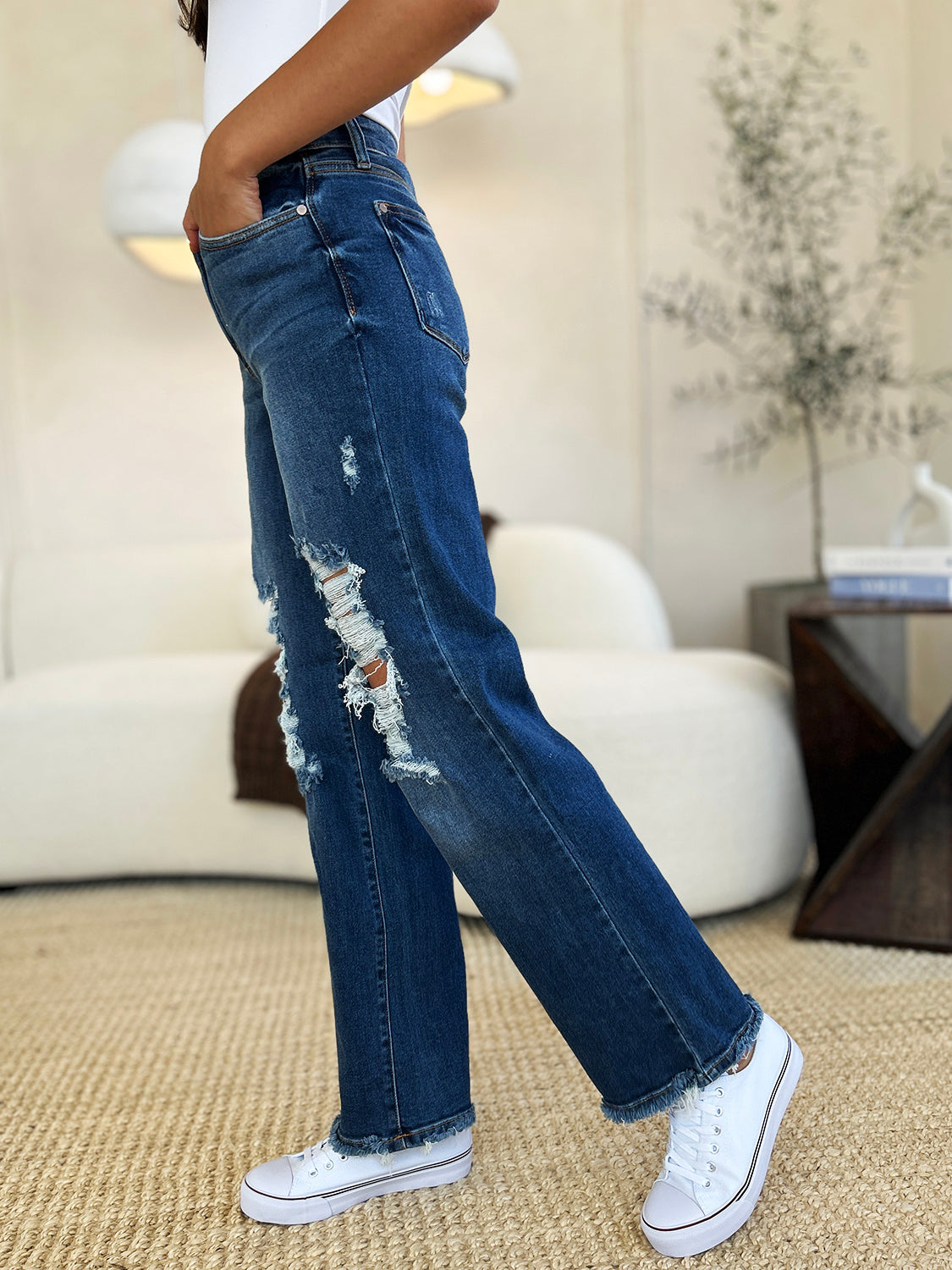 Mid-Rise Distressed Torn Mom Jeans Straight Leg Raw Hem Denim Pants Judy Blue