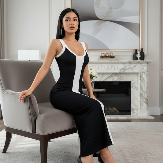 Contrast Colorblock Scoop Neck Fitted Sleeveless Bodycon Back Slit Midi Dress