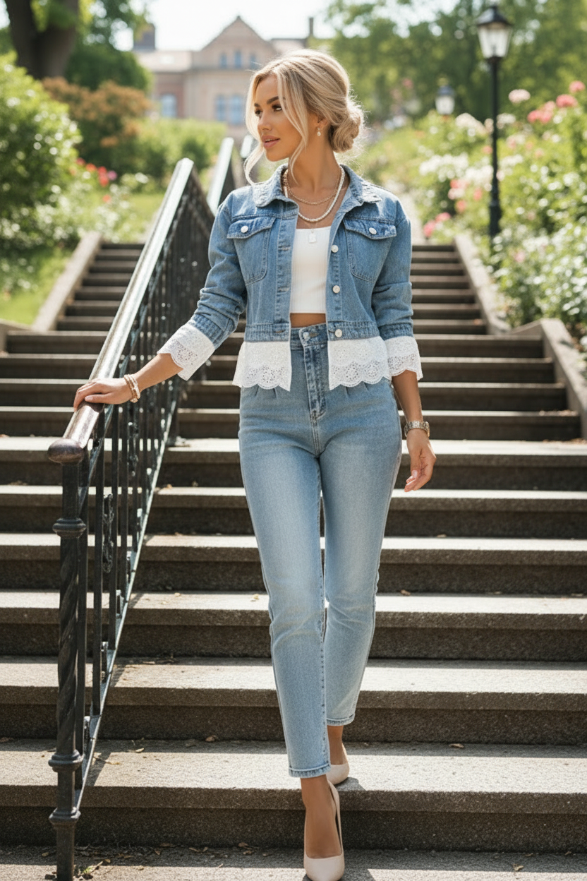 Scalloped Layered Eyelet Lace Cropped Button-Front Denim Trucker Jacket
