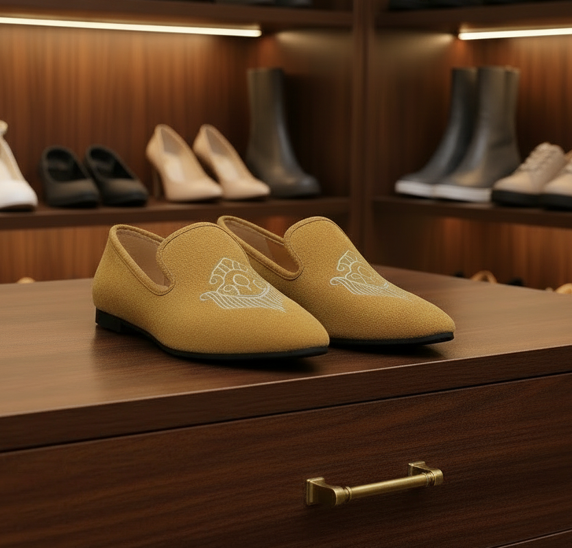 Pointed Toe Embroidered Slip-On Loafer or Ankle Strap Mary Jane Ballet Flats Vegan Suede Shoes