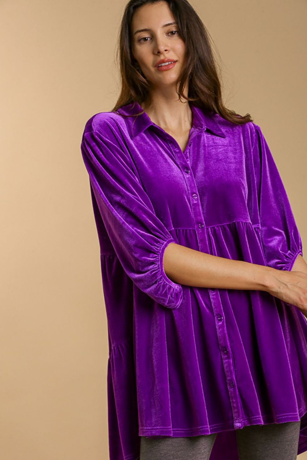 Umgee Velvet Boho Oversized Top Peplum Babydoll Tunic Shirt Tiered Velour Blouse