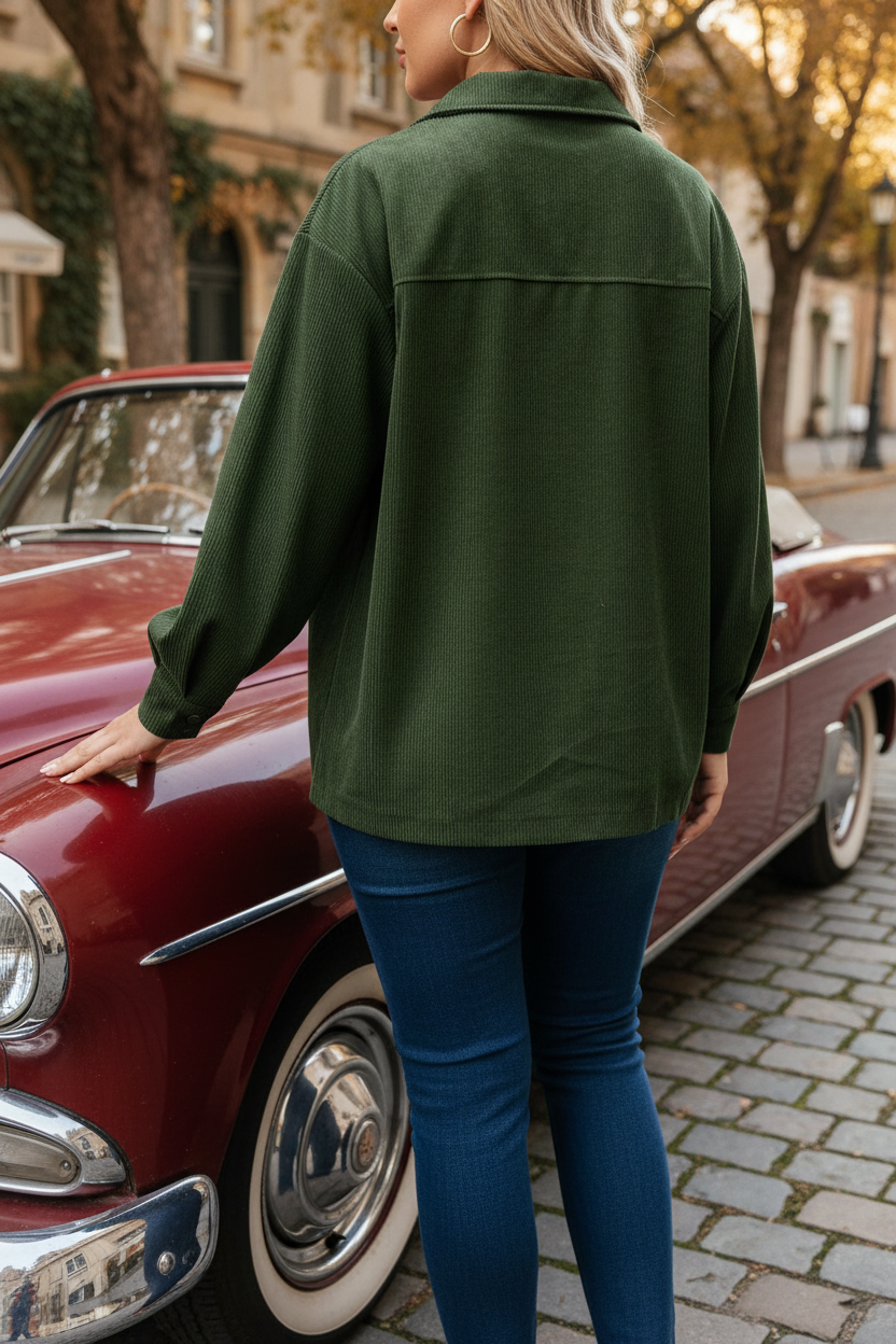 Retro Corduroy Button-Down Collared Shacket Lightweight Chest Pocket Jacket