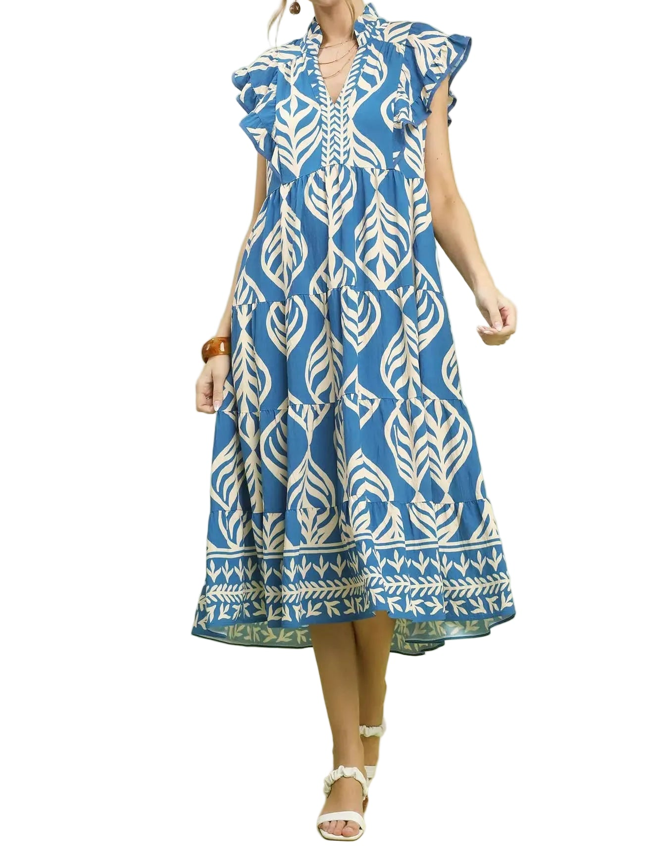 Umgee Ruffle V-Neck Flutter Sleeve Contrasting Color Leaf Tiered Midi Dress