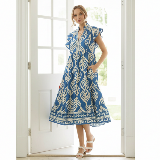 Umgee Ruffle V-Neck Flutter Sleeve Contrasting Color Leaf Tiered Midi Dress