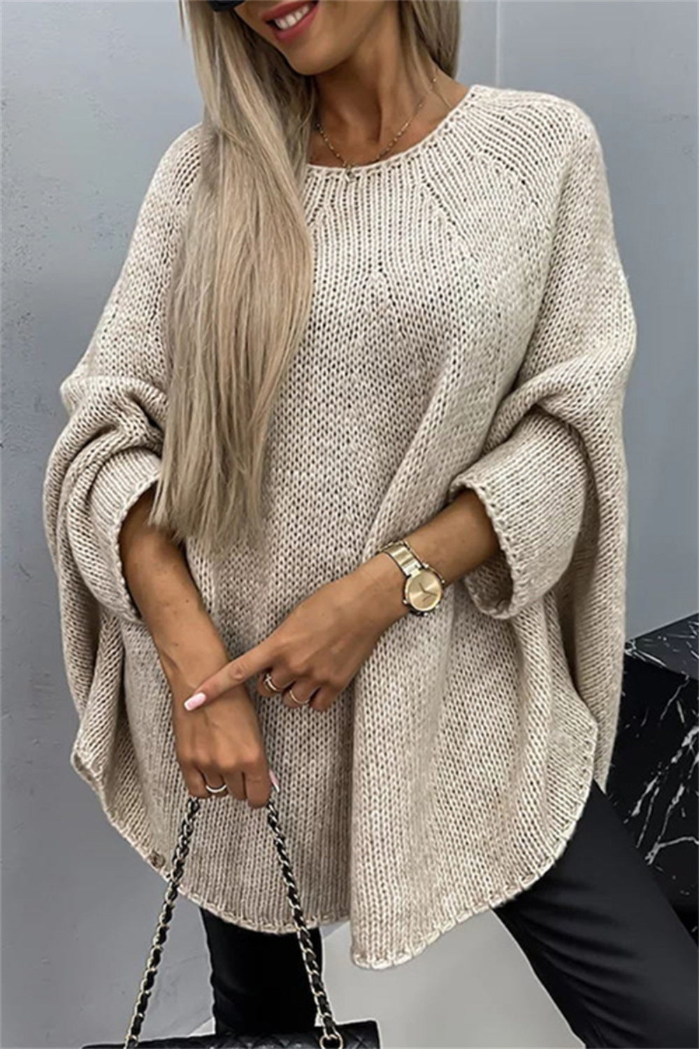 Oversized Knit Top Batwing Baggy Long Pullover Sweater Poncho Shirt Round Neck