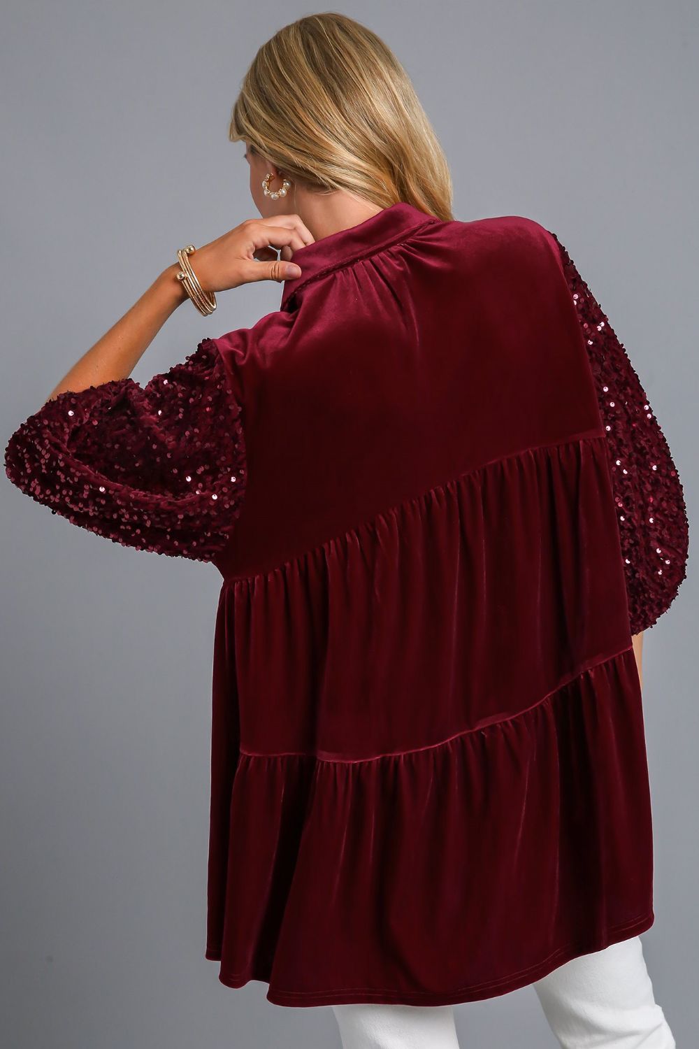 Umgee Sequin Velour Boho Oversized Tunic Top Babydoll Button-Up Shirt Velvet Blouse