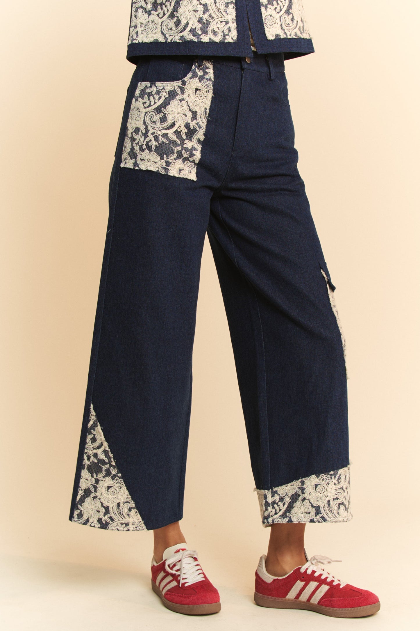 DAVI & DANI Jeans Lace Cargo Patchwork High-Rise Relaxed Wide Leg Denim Pants