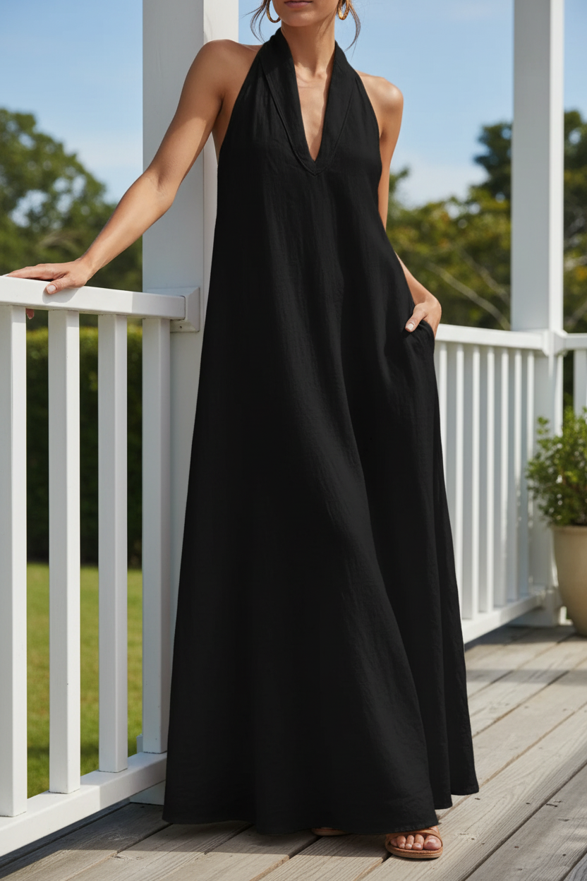 Folded Collar Plunging Halter V-Neck Neck Oversized Maxi Dress Pockets