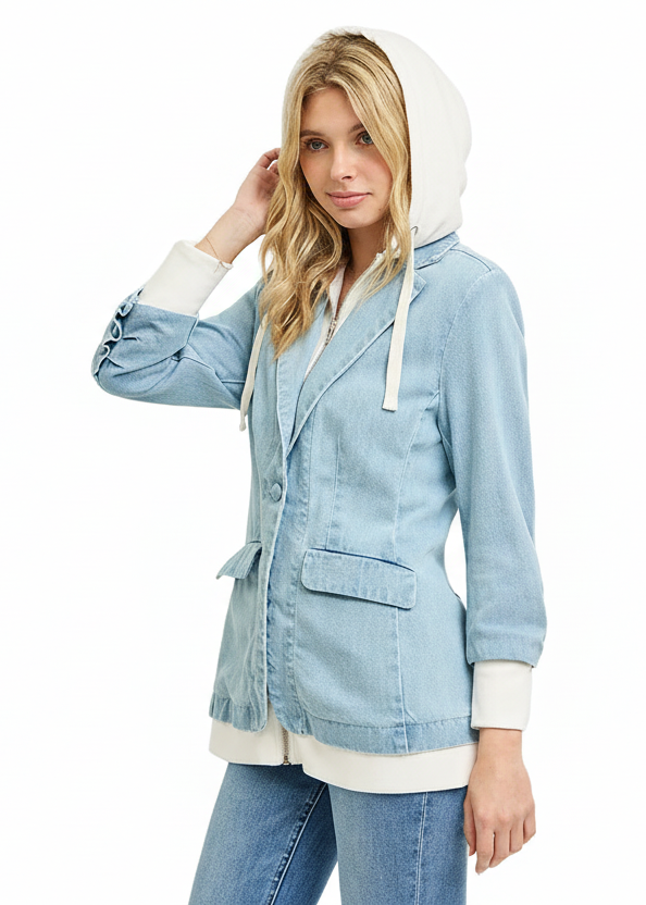 Risen Hooded Blazer Button-up Long Sleeves Cotton Denim Jacket Streetwear