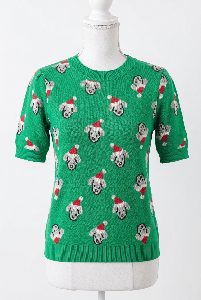 Christmas Dog Sweater Short Sleeve Crewneck Santa Hat Puppy Knit Pullover Top