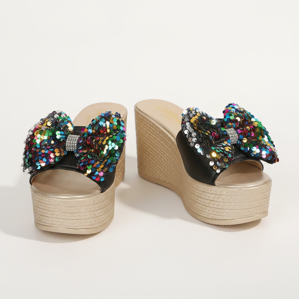Oversized Sequin Bow Open Toe Shoes Chunky Bling Platform Wedge Sandals