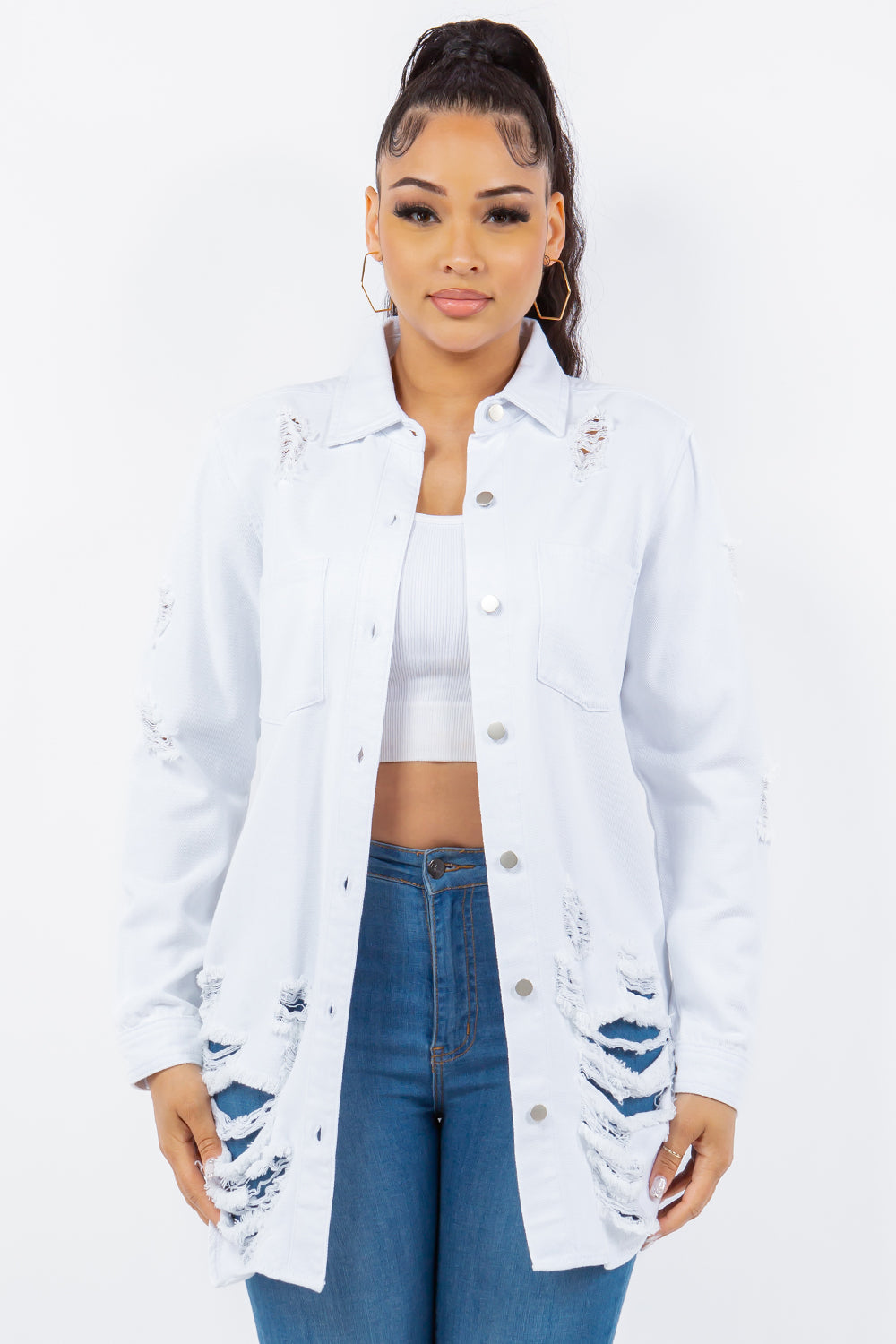 American Bazi Torn Distressed Hole Oversized Shacket Cotton Denim Jean Jacket White