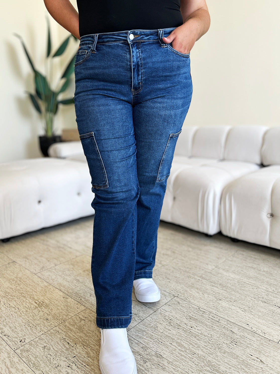 High-Rise Waist Cargo Denim Boyfriend Straight Leg Jean Pants Judy Blue