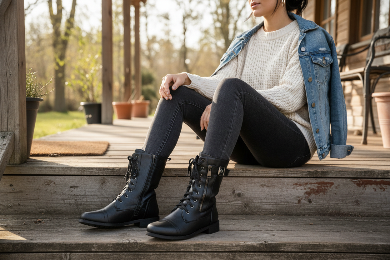 Lace-Up Buckle Military Combat Boots Buffed Faux Leather Zipper Shoes