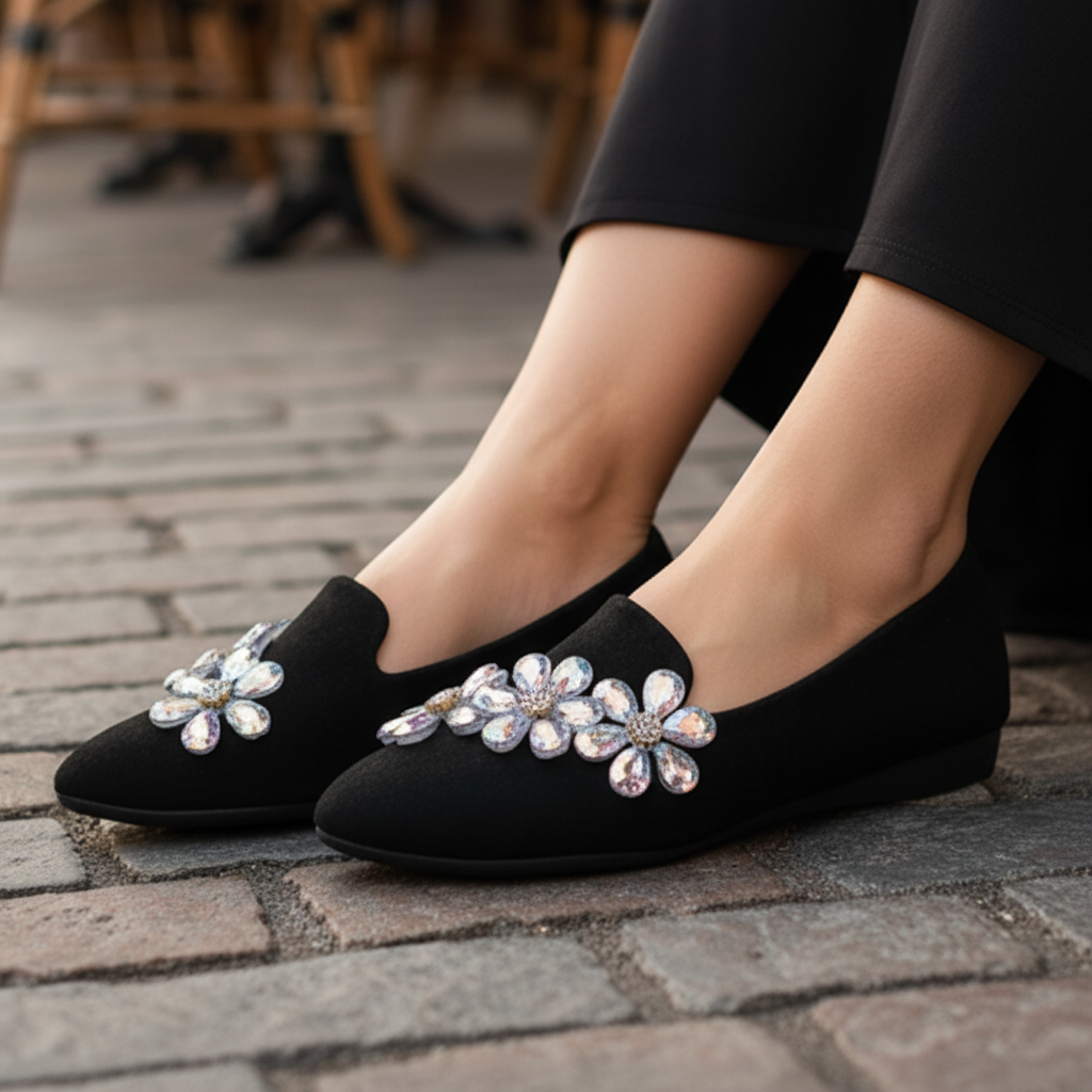 Jeweled Floral Sparkling Rhinestone Point Toe Ballet Flats Statment Slip-On Shoes