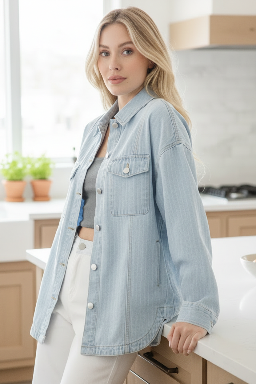 Risen Stripe Cotton Shacket Oversized Boyfriend Button-Up Denim Shirt Tail Hem