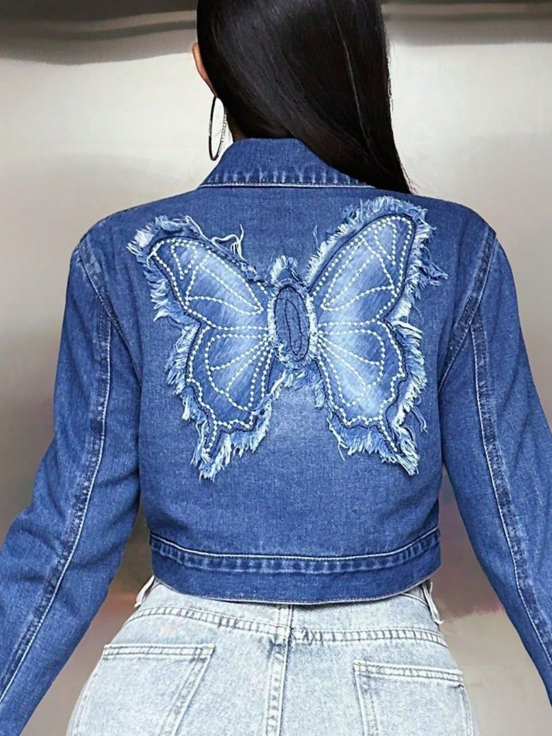 Butterfly Cropped Distressed Frayed Denim Collar Button-Up Pocket Jean Jacket