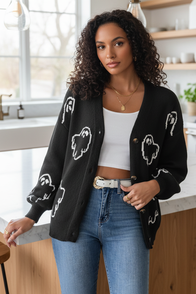 Contrast Knit Ghost V-Neck Button Front Cardigan Halloween Long Sleeve Pullover