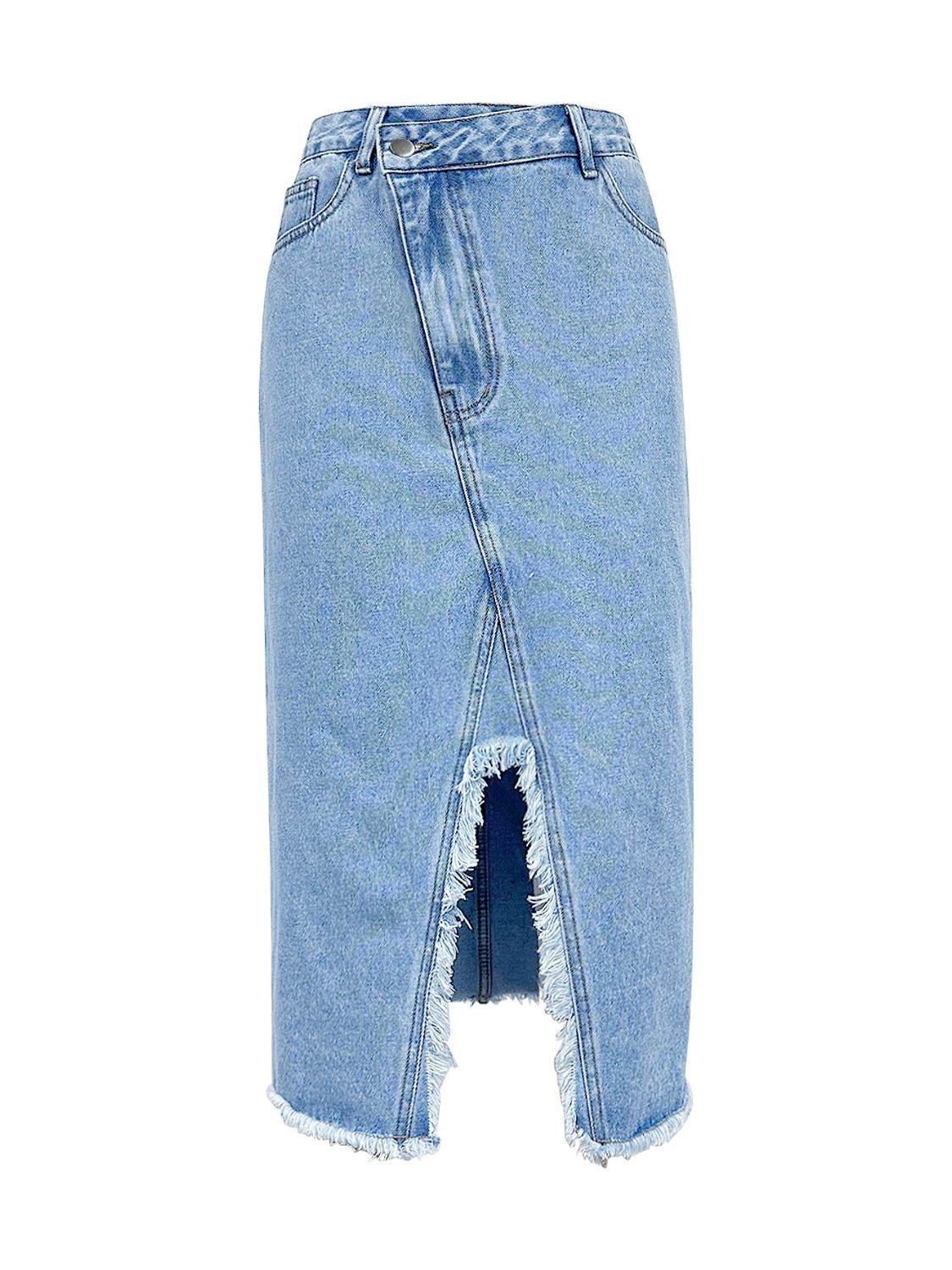 Asymmetrical High-Rise Distressed Cut Denim Frayed Retro Blue Jean Midi Skirt