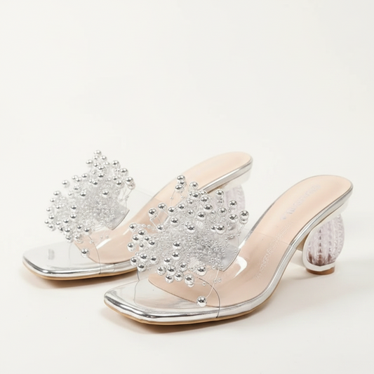 Extravagant Metallic Beaded Strap Square Open Toe Carved Clear Ball Heel Sandals