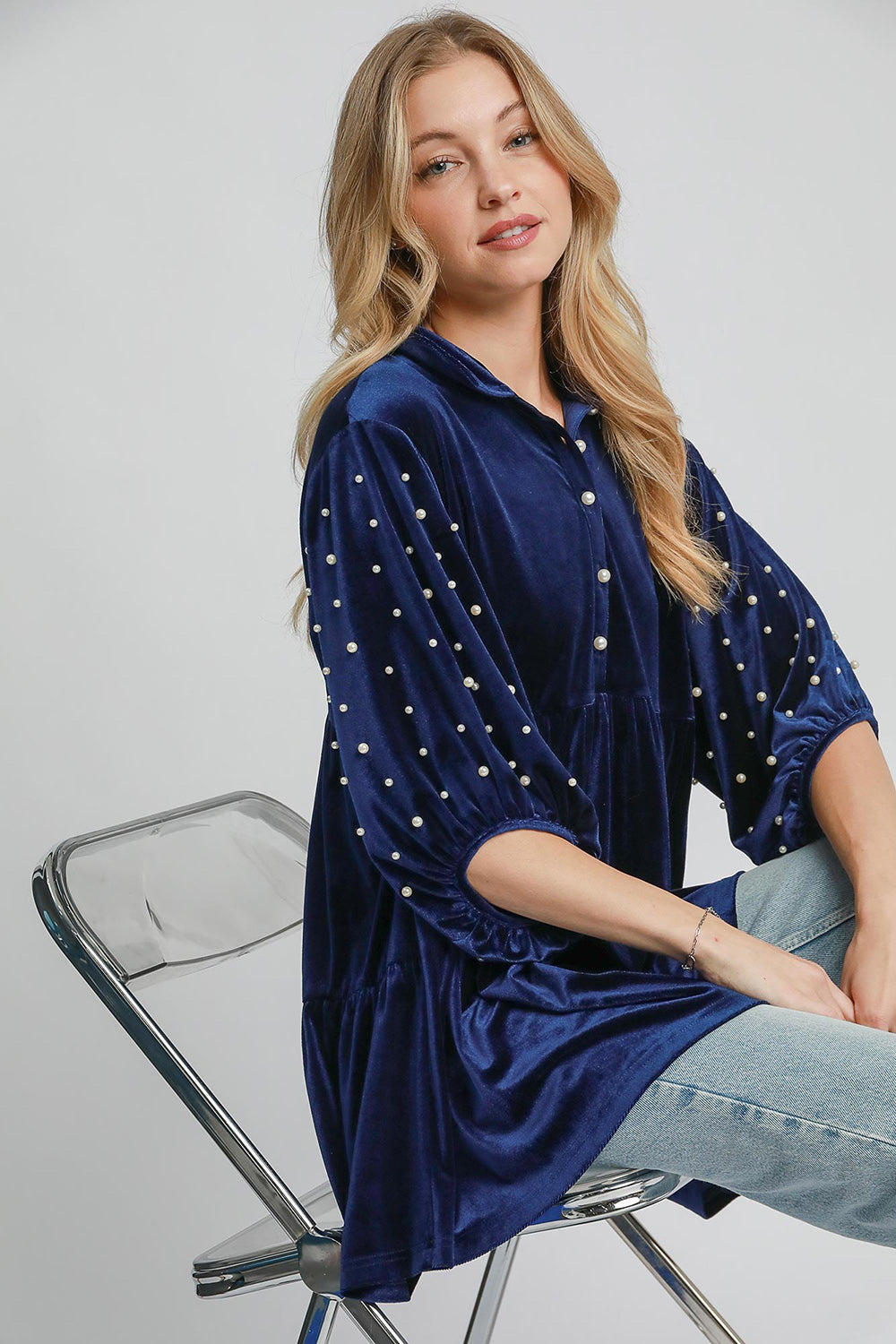 Umgee Pearl Velour Boho Oversized Tunic Top Babydoll Button Shirt Velvet Blouse