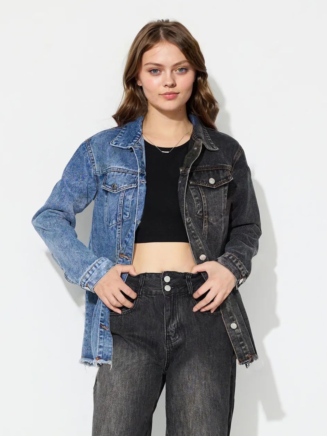 Two-tone Oversized Contrasting Denim Button-Up Jean Jacket Frayed Raw Hem Top