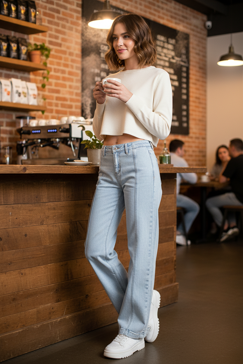 Risen High-Rise Panel Seam Pants Baggy Boyfriend Fit Wide-Leg Acid Denim Jeans