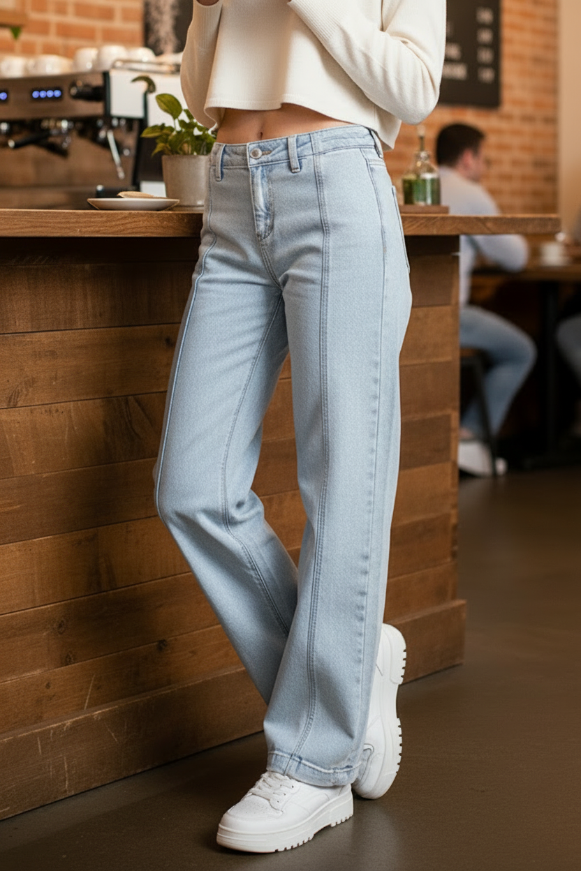 Risen High-Rise Panel Seam Pants Baggy Boyfriend Fit Wide-Leg Acid Denim Jeans