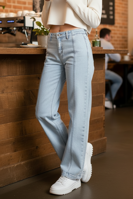 Risen High-Rise Panel Seam Pants Baggy Boyfriend Fit Wide-Leg Acid Denim Jeans