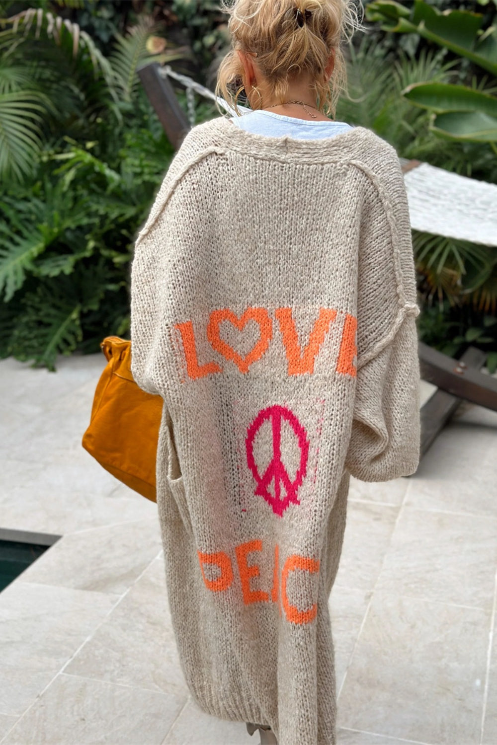 LOVE PEACE Oversized Knit Exposed Seam Longline Patch Pocket Duster Long Cardigan