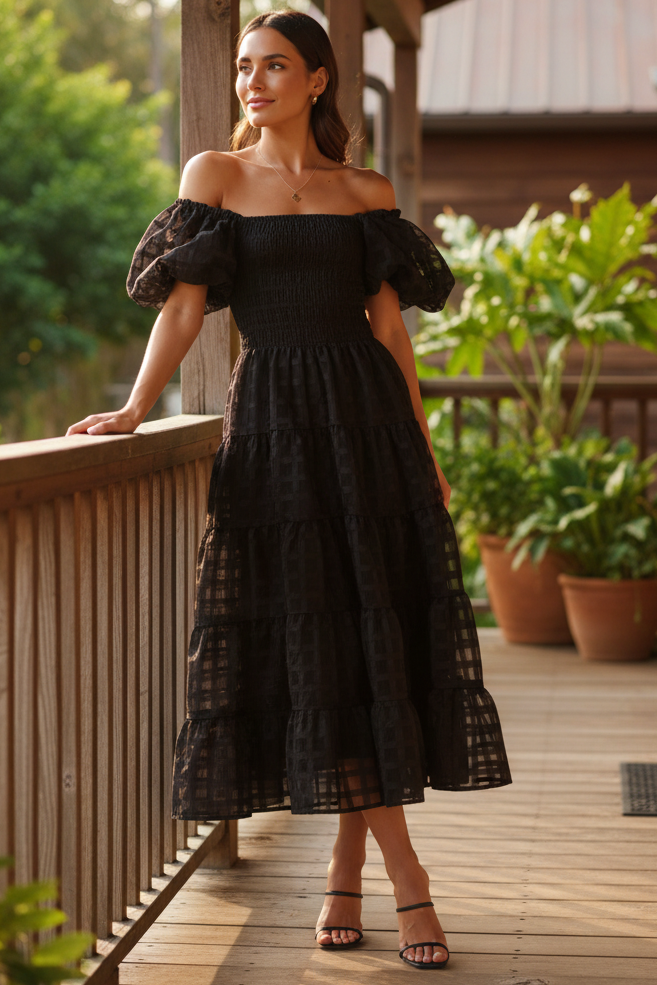 Off Shoulder Short Puff Sleeve Elastic Smocked Bodice Tiered A-line Midi Dress