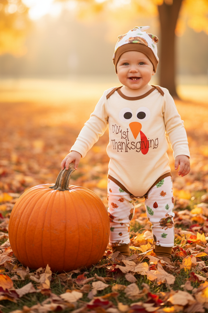 Baby My 1st Thanksgiving Turkey Bodysuit Pants Hat 3-Piece Outfit Set Boy Girl Children