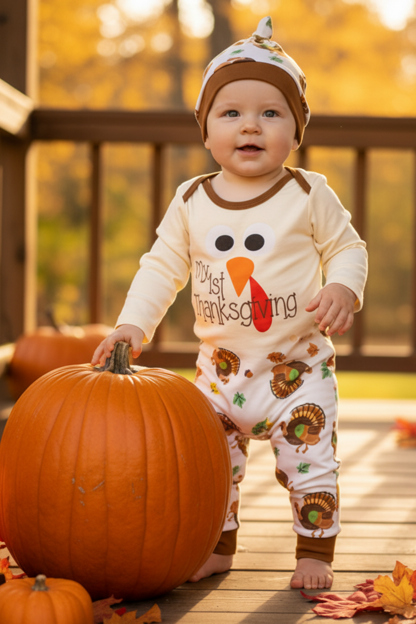 Baby My 1st Thanksgiving Turkey Bodysuit Pants Hat 3-Piece Outfit Set Boy Girl Children