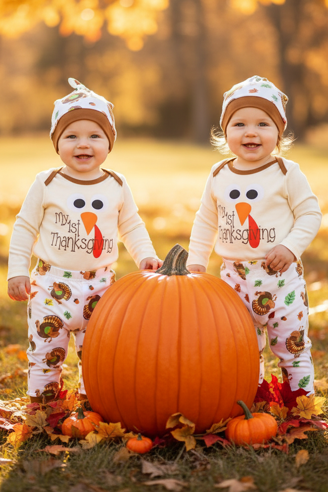 Baby My 1st Thanksgiving Turkey Bodysuit Pants Hat 3-Piece Outfit Set Boy Girl Children