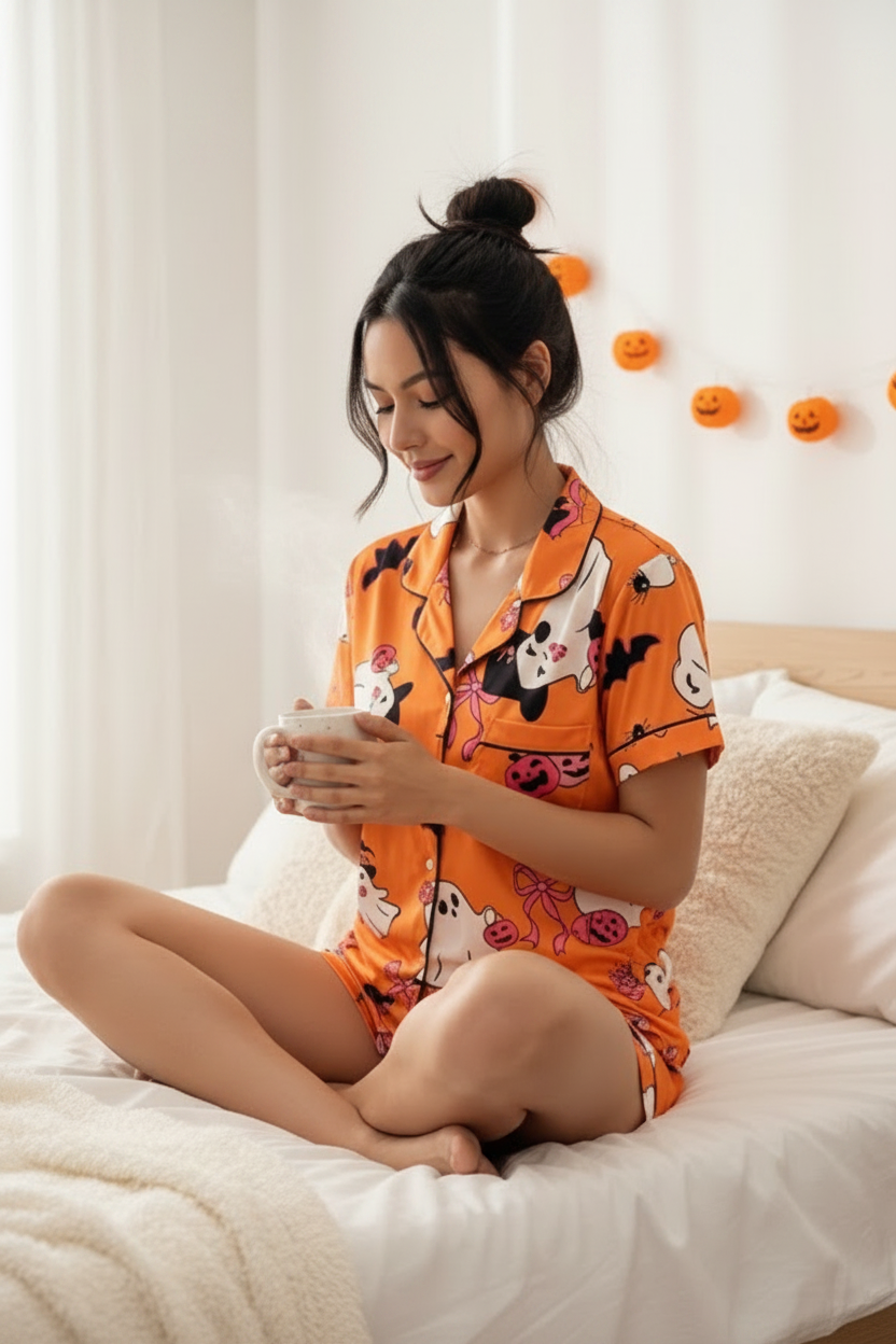 Ghost Button-Down Chest Pocket Top and Shorts Halloween Lounge Set Matching Pajamas